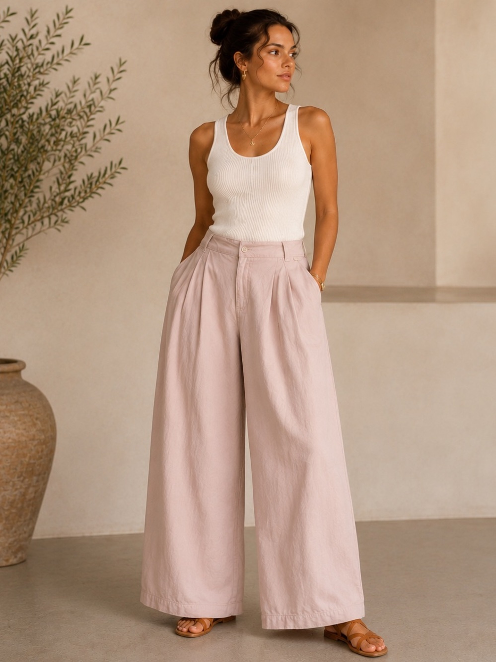 SIMON CHANG Linen Blend Wide Leg Pants Coastal Chic Blush Pink Size 12